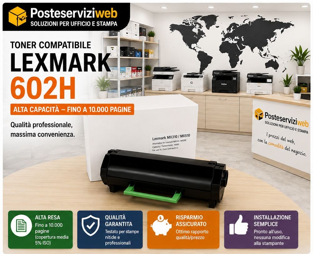 Toner Compatibile Lexmark 602H 60F2H00 LLMX310H Nero Alta Capacità 10.000 Pagine per MX310dn MX410de MX510de MX511de MX611de
