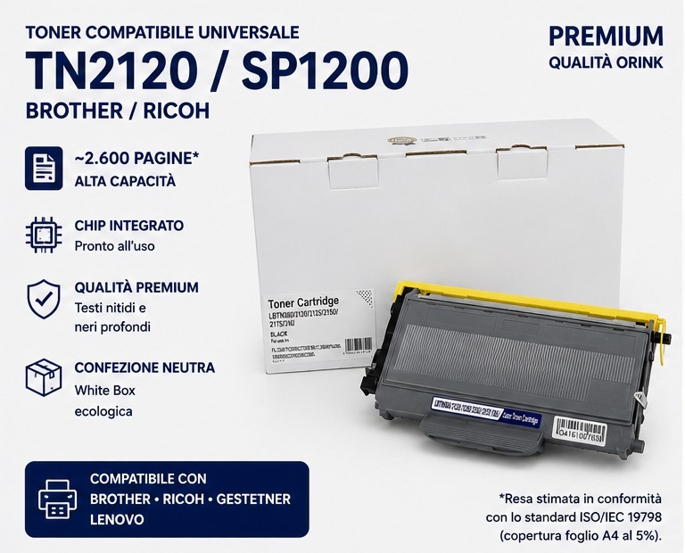 Toner Compatibile Universale Brother TN2120 / Ricoh SP1200 Premium (Qualità Orink) – 2.600 Pagine 🖨️⚡