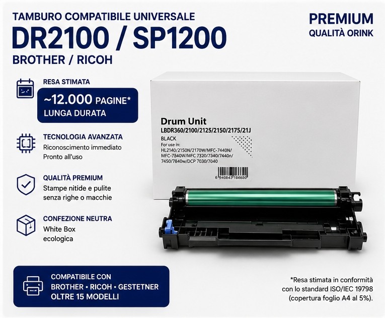 Tamburo Compatibile Universale Brother DR2100 / Ricoh SP1200 Premium (Qualità Orink) – 12.000 Pagine 🖨️🔄