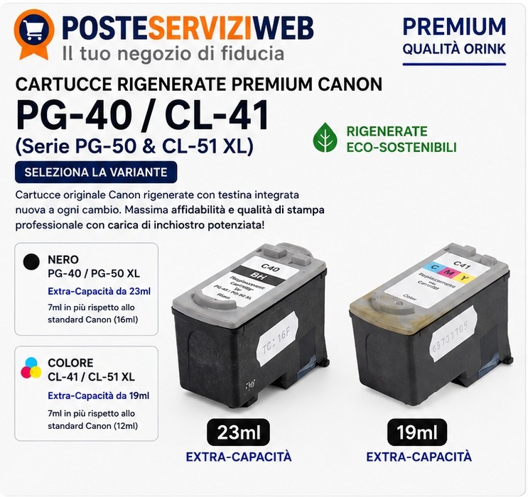 Cartucce Rigenerate Premium Canon PG-40 / CL-41 (Serie PG-50 & CL-51 XL)
