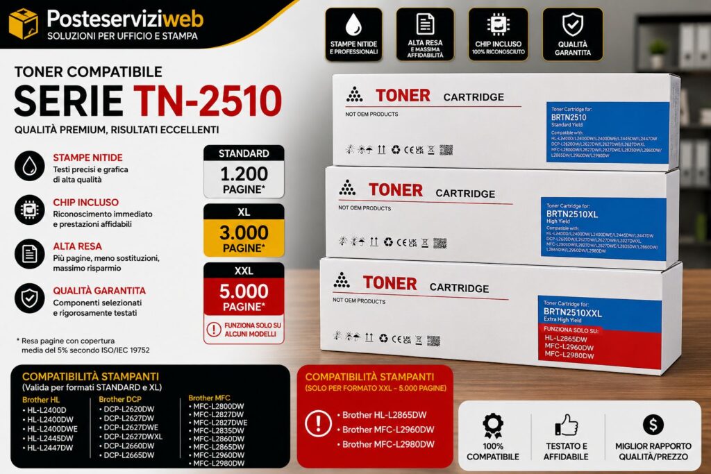 Toner Compatibili Brother TN-2510 / TN-2510XL / TN-2510XXL – Massima Resa, Zero Incompatibilità