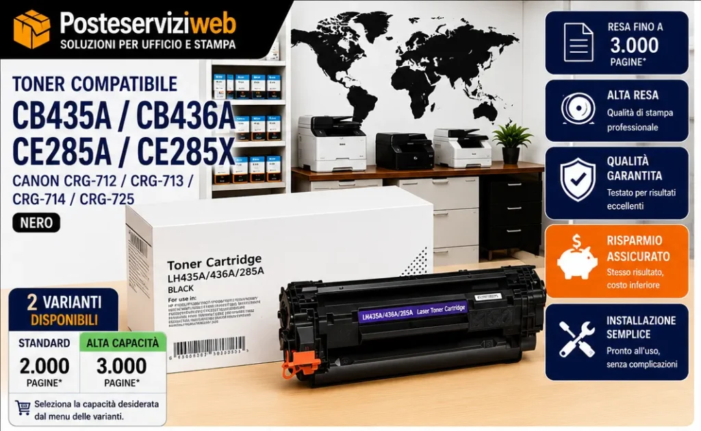 Toner Compatibile HP CB435A - CB436A - CE285A / CE285X | Canon CRG-712 - CRG-713 - CRG-714 - CRG-725