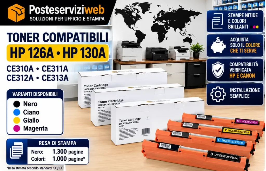 Toner Compatibili HP 126A e HP 130A CE310A CE311A CE312A CE313A Canon CRG729